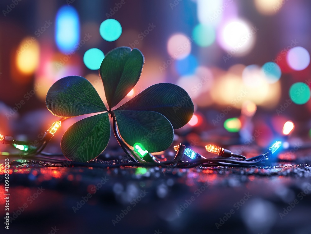 Poster a vibrant green four-leaf clover rests amid colorful lights, creating a festive atmosphere with a so