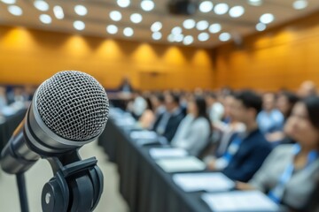 Close-Up Microphone at Conference with Blurred Audience