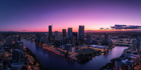 Obraz premium Modern City Skyline with Office Buildings and Drone View at Sunset