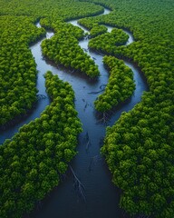 Aerial view of a lush green mangrove forest with winding waterways. The vibrant greenery and intricate patterns create a serene and tranquil atmosphere amidst the natural beauty.