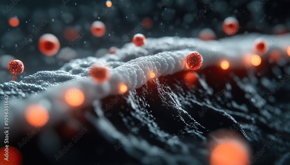 Poster a detailed, abstract representation of particles interacting on a surface, showcasing a blend of lig