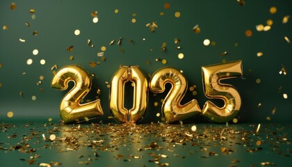 2025 new year celebration with gold decoration on green background