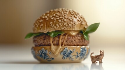 Landscape-oriented photo of surreal crafted hamburger 