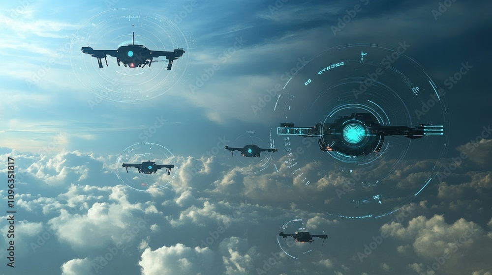Poster a futuristic anti-drone defense system tracking multiple airborne targets, with digital targeting ma