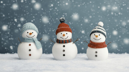 Fototapeta premium Snowmen wearing colorful hats and scarves in snowy landscape