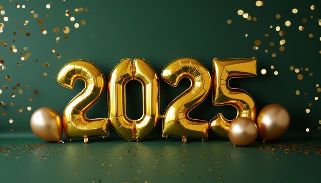 A festive scene of green and gold for New Year 2025 with green background