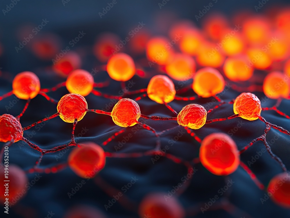 Aufkleber an intricate depiction of glowing red and orange atomic structures interconnected by lines, represen