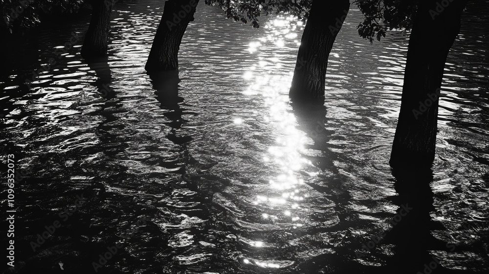 Poster Silhouettes of tree trunks partially submerged in water with sunlight reflecting on the surface.