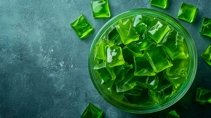 Green jello in a bowl, square candy pieces and green food coloring with copy space