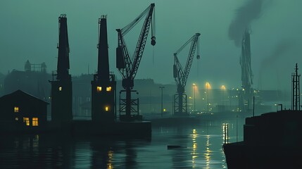 Obraz premium Foggy night at industrial harbor with cranes and buildings.