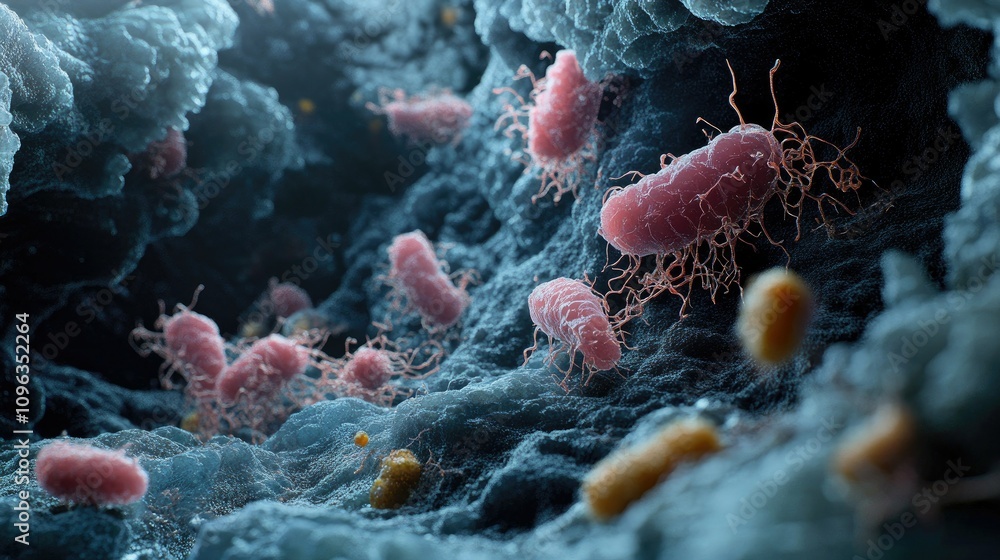 Poster a high-resolution microscopic image of salmonella bacteria, revealing their structure and their role