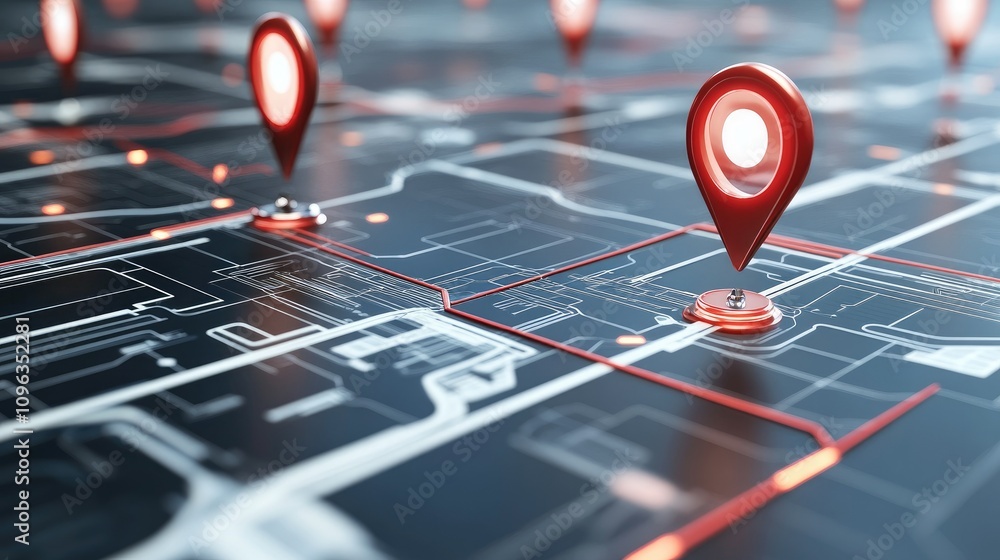 Leinwandbilder A high-tech digital map with destination points linked by a network of footprints, showing data flow between locations.