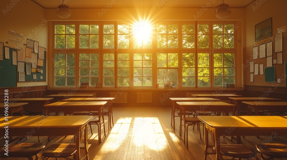 Poster sunlight streams through a large window in an empty classroom, illuminating the desks and chairs, cr