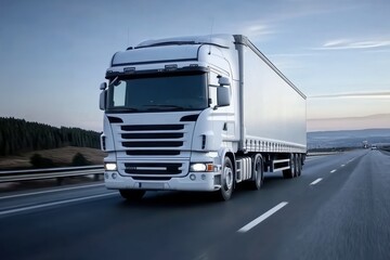 Naklejka premium Lone White Truck on Open Highway at Dusk