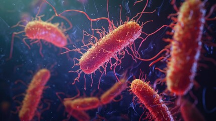 A high-resolution microscopic image of Salmonella bacteria, revealing their structure and their role in causing foodborne infections.