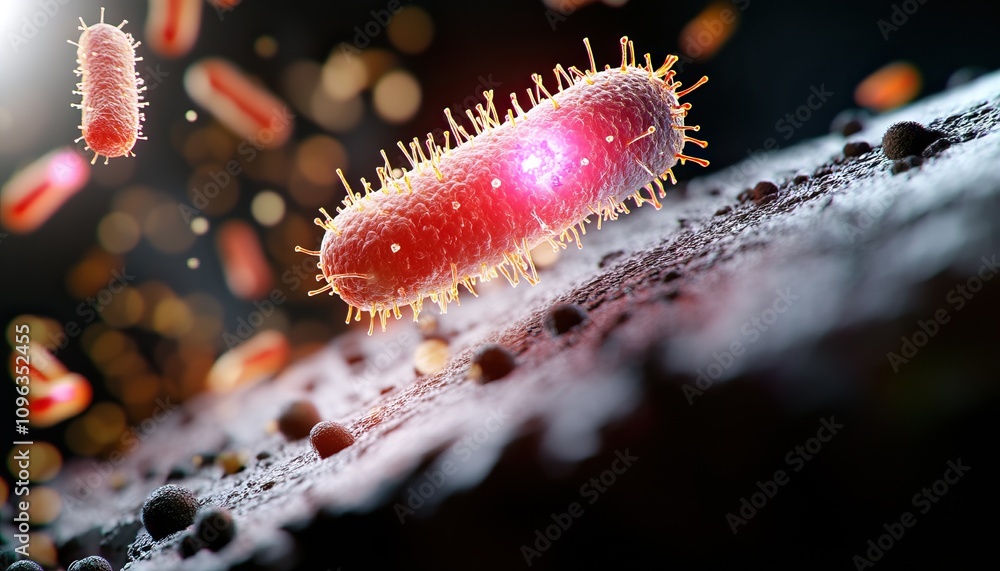 Poster a vibrant microscopic view of bacteria, showcasing their intricate structures and movements in a dyn