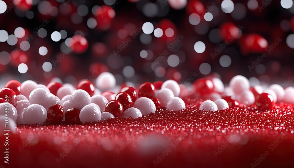 Aufkleber a vibrant composition of red and white spheres scattered over a textured surface, creating a dynamic