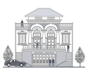 Facade of 2 storeys symmetrical modern classic building with 3 doors, 6 windows, frame, twin stair, balustrade, canopy, balcony, 3 columns, stoned wall, trapezoidal roof and its elements design.