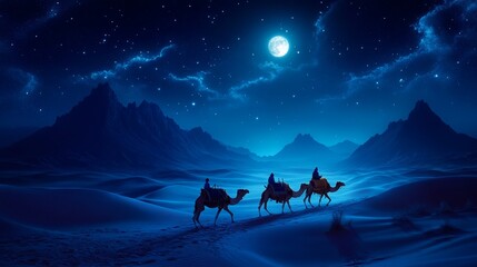 Fototapeta premium Three people riding camels across a desert at night under a full moon and starry sky.