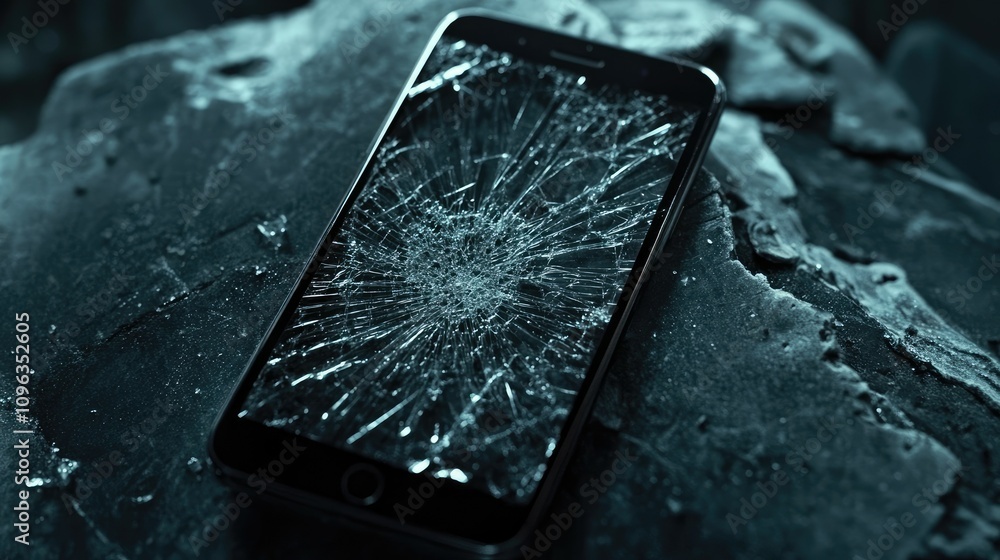 Poster a phone screen with visible cracks after dropping, capturing the damage and the impact of modern tec