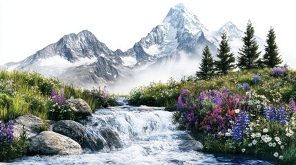 Obraz premium Majestic Mountain Landscape with Waterfall and Wildflowers