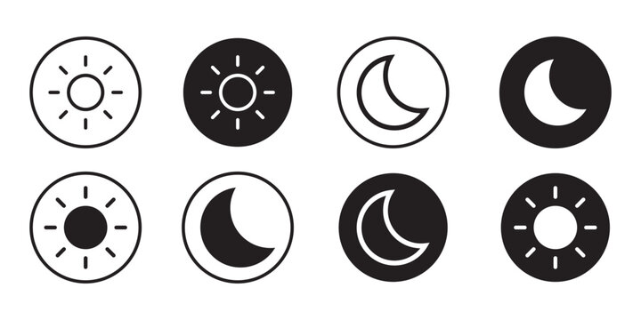 dark and light mode icon set, day and night mode icon set, screen mode icons, dark and light button icon, brightness and contrast level control symbols, vector illustration on transparent background 