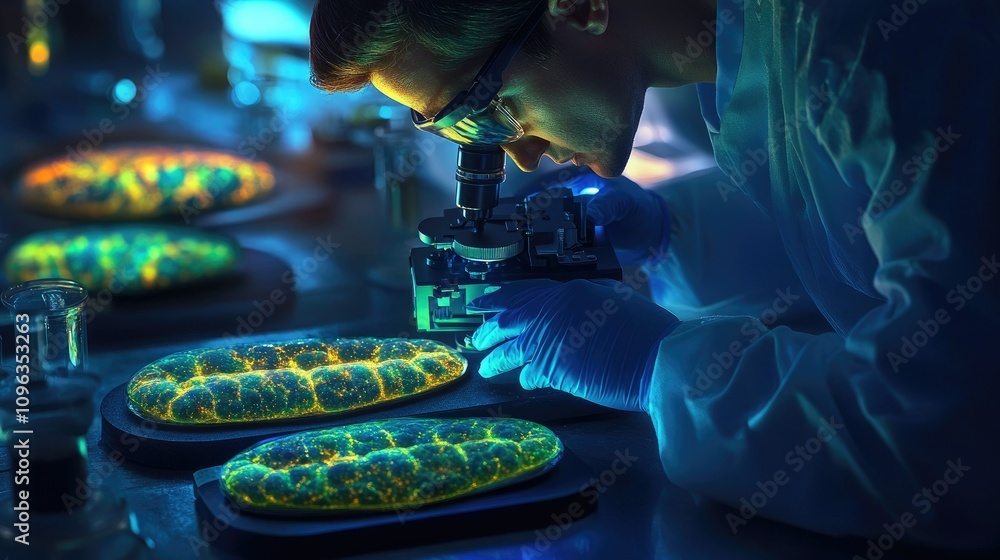 Poster A scientist in a laboratory setting using a microscope to study mitochondria, showcasing intricate details of glowing cellular structures in a biological research setting.