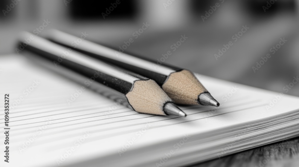Poster two sharpened pencils lay on a blank notebook with lined paper, ready for writing or sketching.