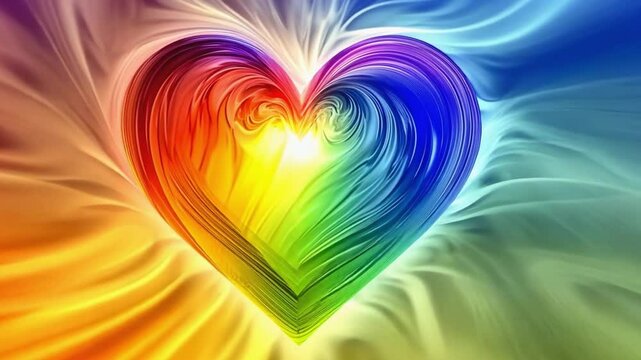 Rainbow heart glowing and pulsating on a colorful background