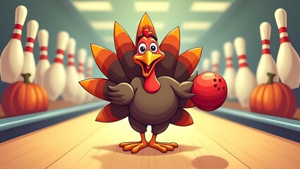 A cartoon turkey illustration featuring a bowling scene is available as a vector image for Thanksgiving holiday designs.