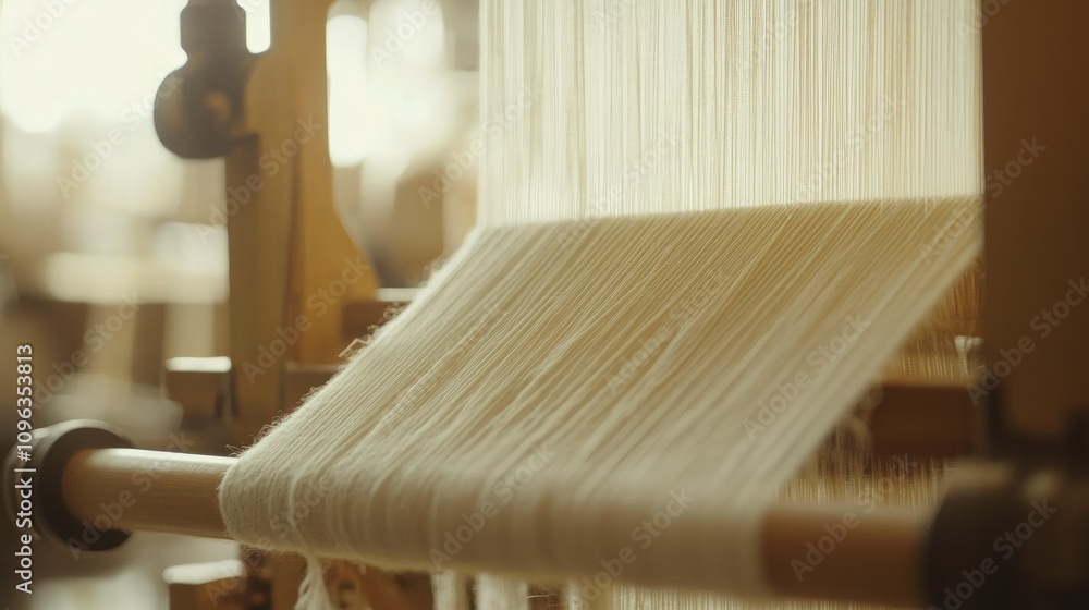 Poster A textile loom weaving complex fabrics, focusing on the mechanical precision and detailed craftsmanship involved in the process.