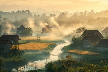 realistic photo of a beautiful village in summer