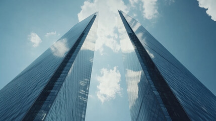 Modern skyscrapers with glass facades reflecting the sky, symbolizing innovation and corporate growth in urban business areas