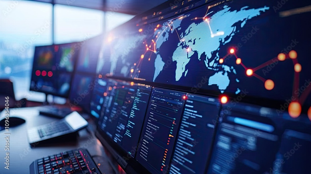 Poster global cybersecurity operations modern office digital display high-tech environment analytical viewp