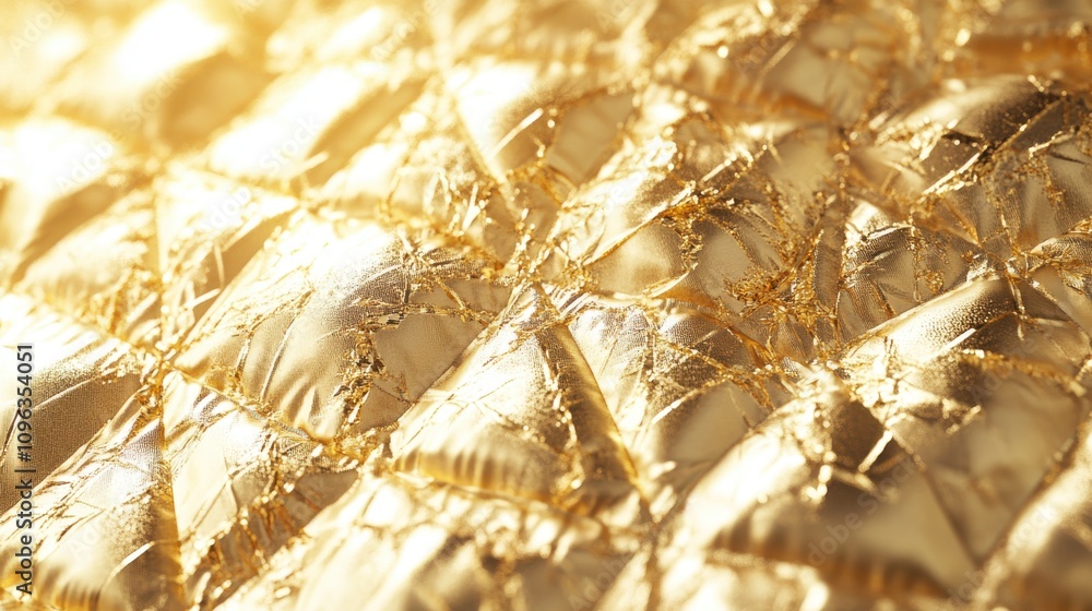 Poster close-up of textured golden surface, highlighting the intricate patterns and shimmering reflections.
