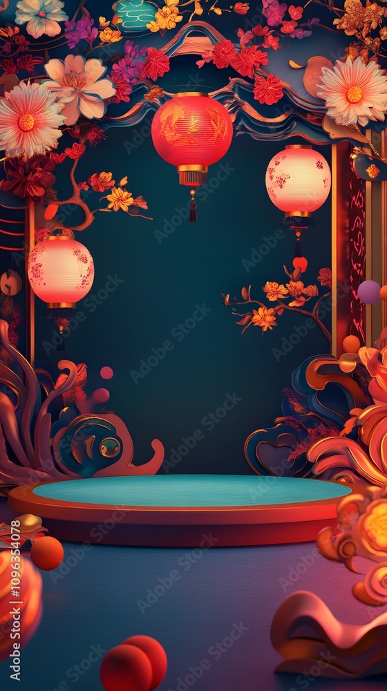 Aufkleber a colorful, dynamic chinese new year display with a glowing podium framed by swirling lanterns and f
