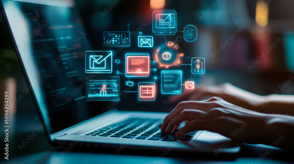 Poster person using a laptop with digital icons of communication and internet connectivity in a cozy indoor
