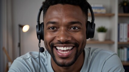 Online tutor smiling joyfully during virtual class at home with headset and bright ambiance