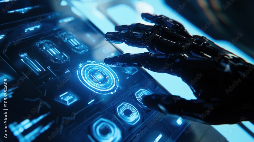 Poster here's a caption and keywords for your stock photo.. robotic hand interacts with futuristic touchscr