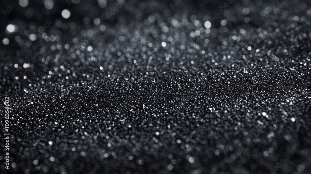 Poster a close-up of shimmering black glitter, creating a mesmerizing and elegant texture in a dark setting