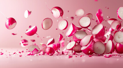 Fototapeta premium Sliced radishes falling in air create vibrant display against soft pink background, showcasing their crisp texture and bright color