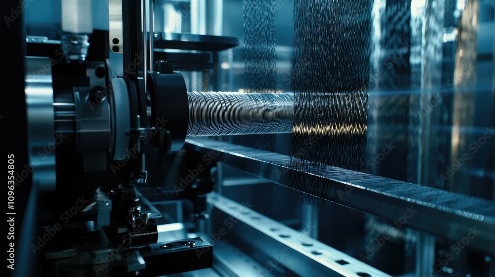 Poster an advanced carbon fiber weaving machine in action, precisely weaving filaments to create strong, li