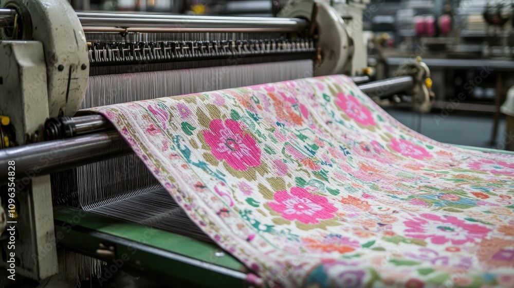 Poster An advanced textile loom machine in a factory setting, weaving intricate fabrics with precision, highlighting the craftsmanship.