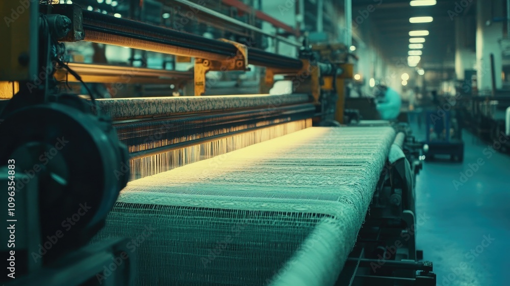 Poster An advanced textile loom machine in a factory setting, weaving intricate fabrics with precision, highlighting the craftsmanship.
