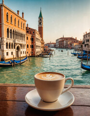 A cup of coffee in Venice, Italy. Hot latte view to Venice. Travel to Italy