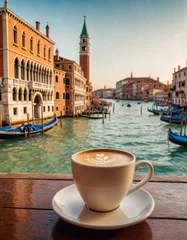 Fotobehang A cup of coffee in Venice, Italy. Hot latte view to Venice. Travel to Italy © QQUYNH