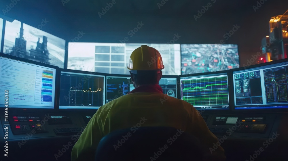 Poster worker in control room with multiple monitors