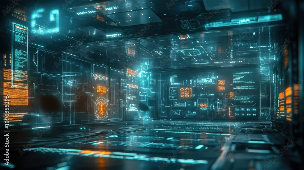 Aufkleber Blockchain banking system displaying secure contract execution between clients, showing transparent digital interfaces and encrypted communication in a futuristic setting.