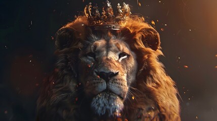 A majestic male lion wearing a golden crown, surrounded by fiery sparks, exudes regal power and...