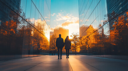 Two individuals enjoy a serene moment in an urban landscape while the sun sets between skyscrapers on a clear evening